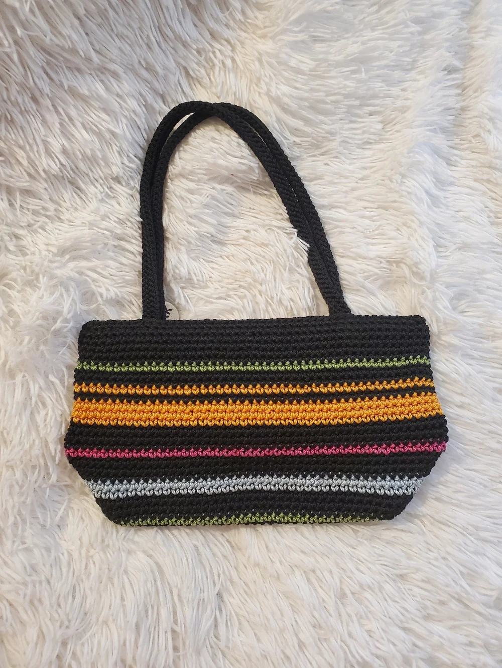 The Sak Black Crochet Shoulder Bag with Orange, Purple, Green & Blue Stripes